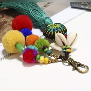 Colorful Pom Pom Keychain with Shells